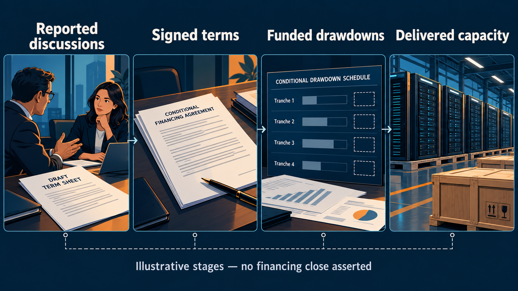 Illustrative financing gates: reported discussions, signed terms, funded drawdowns and delivered capacity, with no financing close asserted.