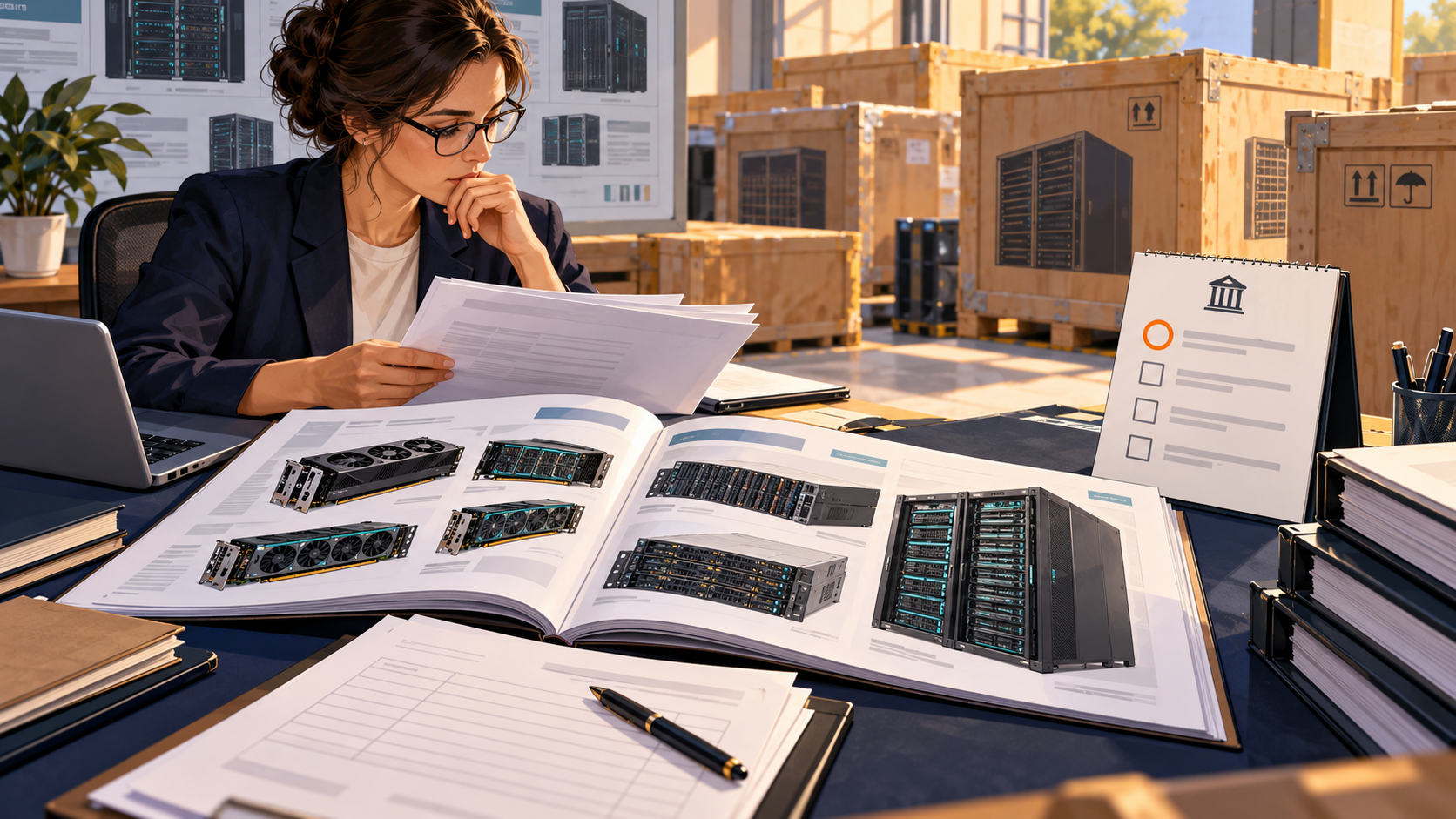Conceptual analyst reviewing accelerator hardware procurement and unsigned funding papers; unopened equipment awaits approval.