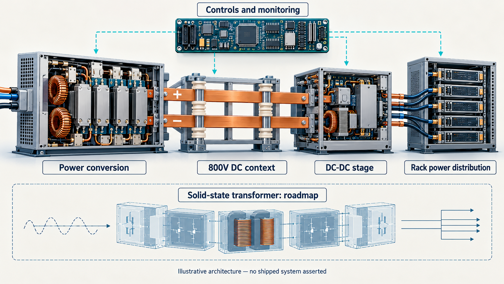Generic power-conversion modules, 800V DC bus, DC-DC stage and separate controls; solid-state transformer shown separately as roadmap.