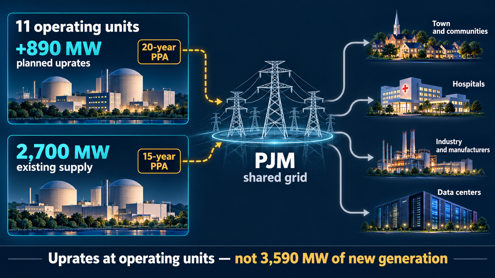Separate planned uprates at 11 operating units adding 890 MW under a 20-year PPA and 2,700 MW existing supply under a 15-year PPA, both through PJM shared grid.