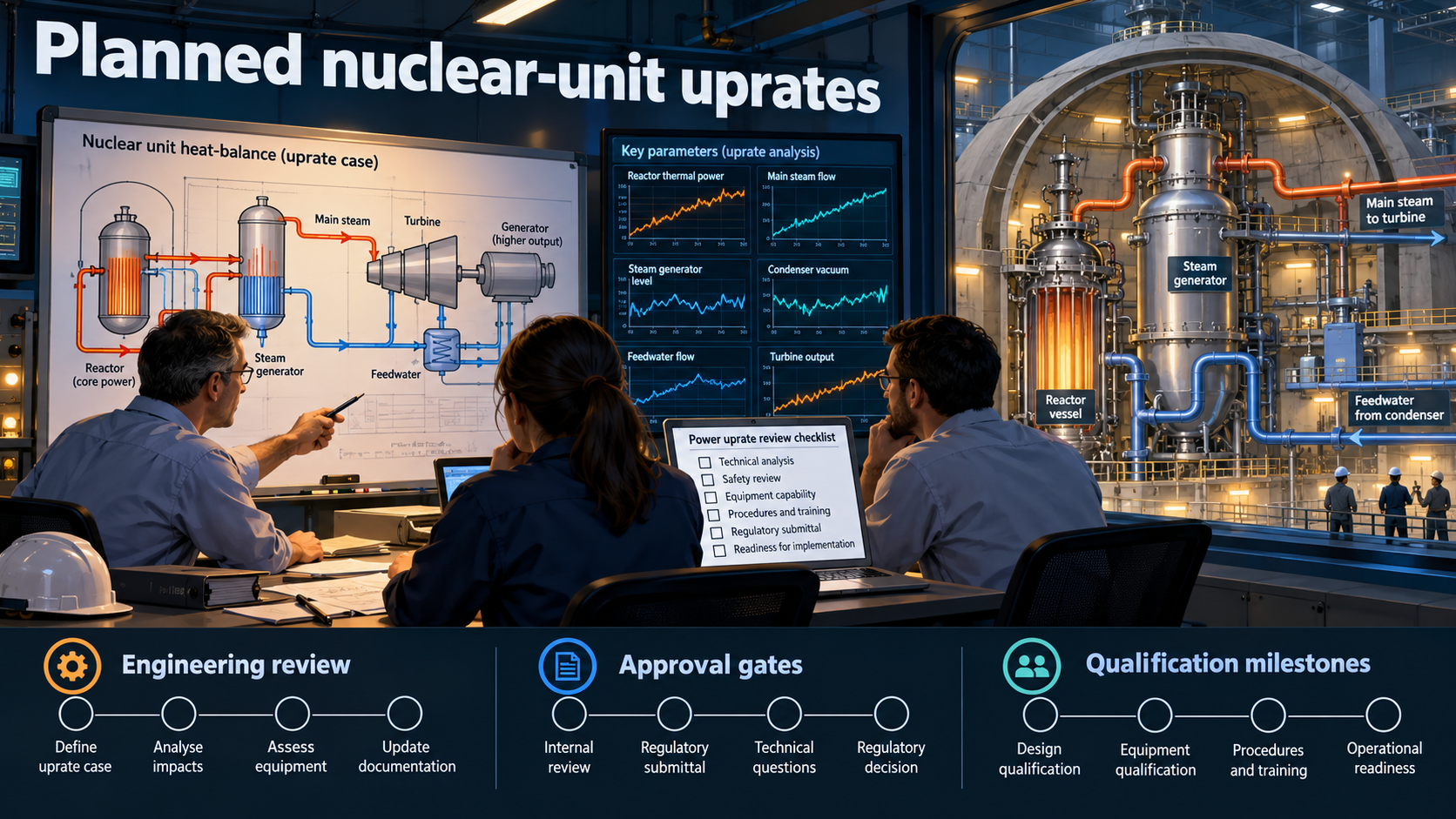 Generic nuclear-unit uprate engineering review, pending approval gates and qualification milestones; not an actual Constellation facility or completed upgrade.