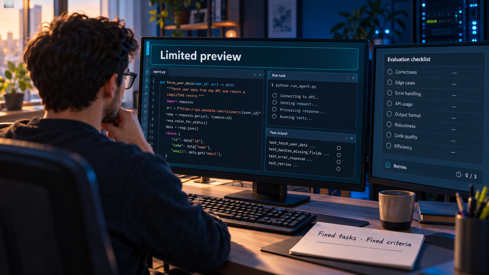 AI-generated conceptual illustration; not a photograph of the reported event. Developer evaluating generic coding and agent API tasks at a normal workstation under limited preview, with fixed tasks and acceptance criteria.