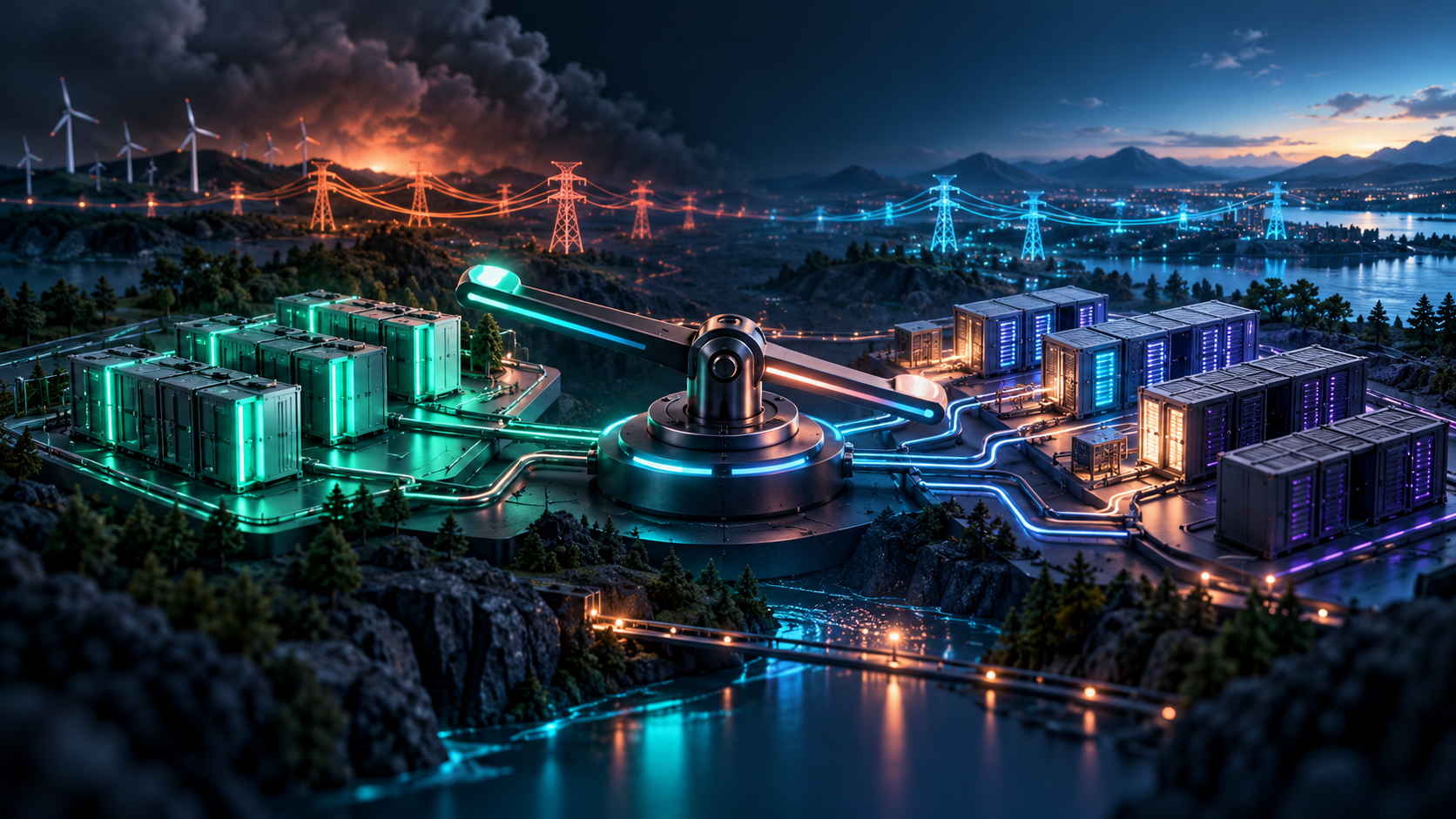 AI-generated conceptual illustration; not a photograph of the reported event. Concept illustration of flexible computing demand and utility curtailment obligations.