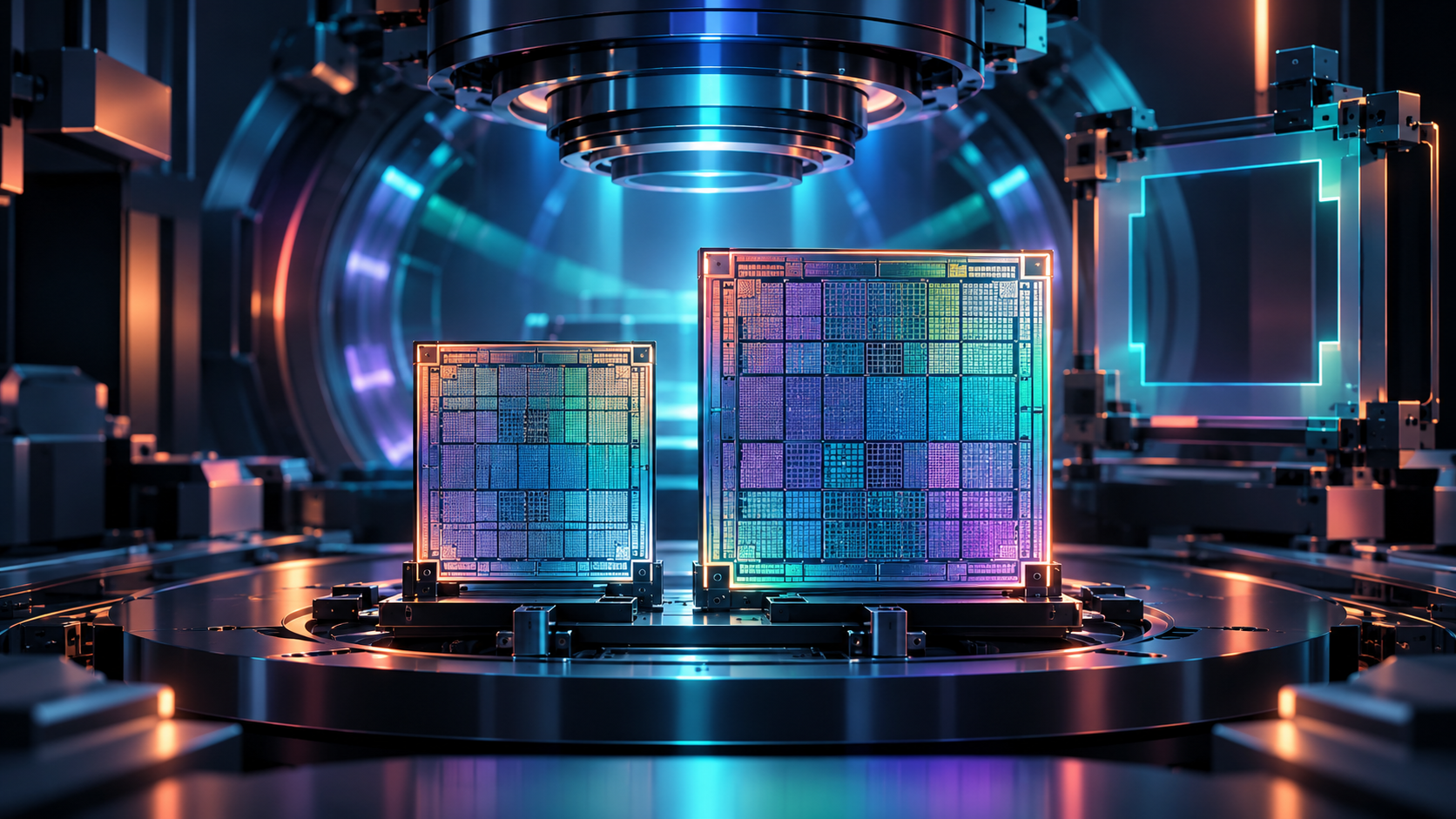 AI-generated conceptual illustration; not a photograph of the reported event. Concept illustration of future larger square photomask roadmap for highna lithography, not larger wafer diameter.