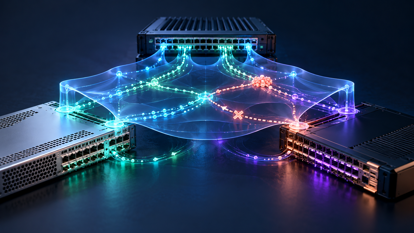 AI-generated conceptual illustration; not a photograph of the reported event. Concept illustration of open network operating system across multiple hardware vendors.
