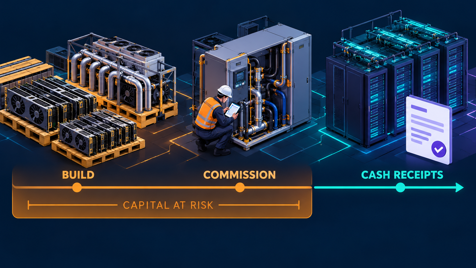 Illustrative build, commissioning and customer-receipt stages, showing capital at risk before service generates cash.