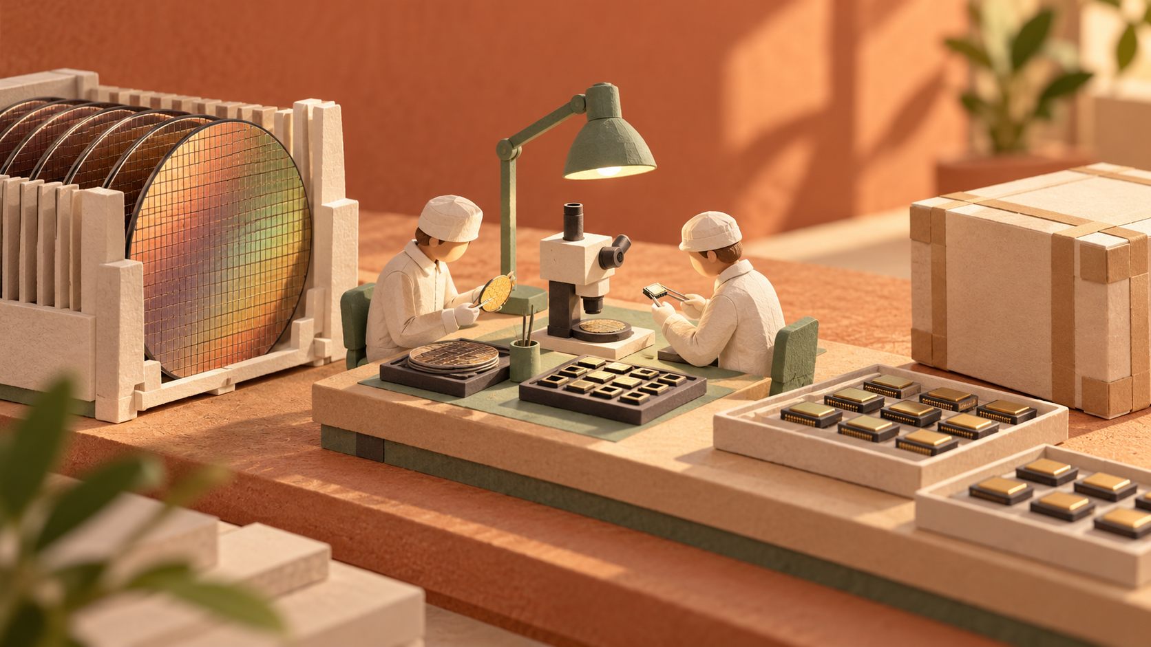 Conceptual manufacturing stages from wafer supply through inspection to trays of qualified semiconductor packages.