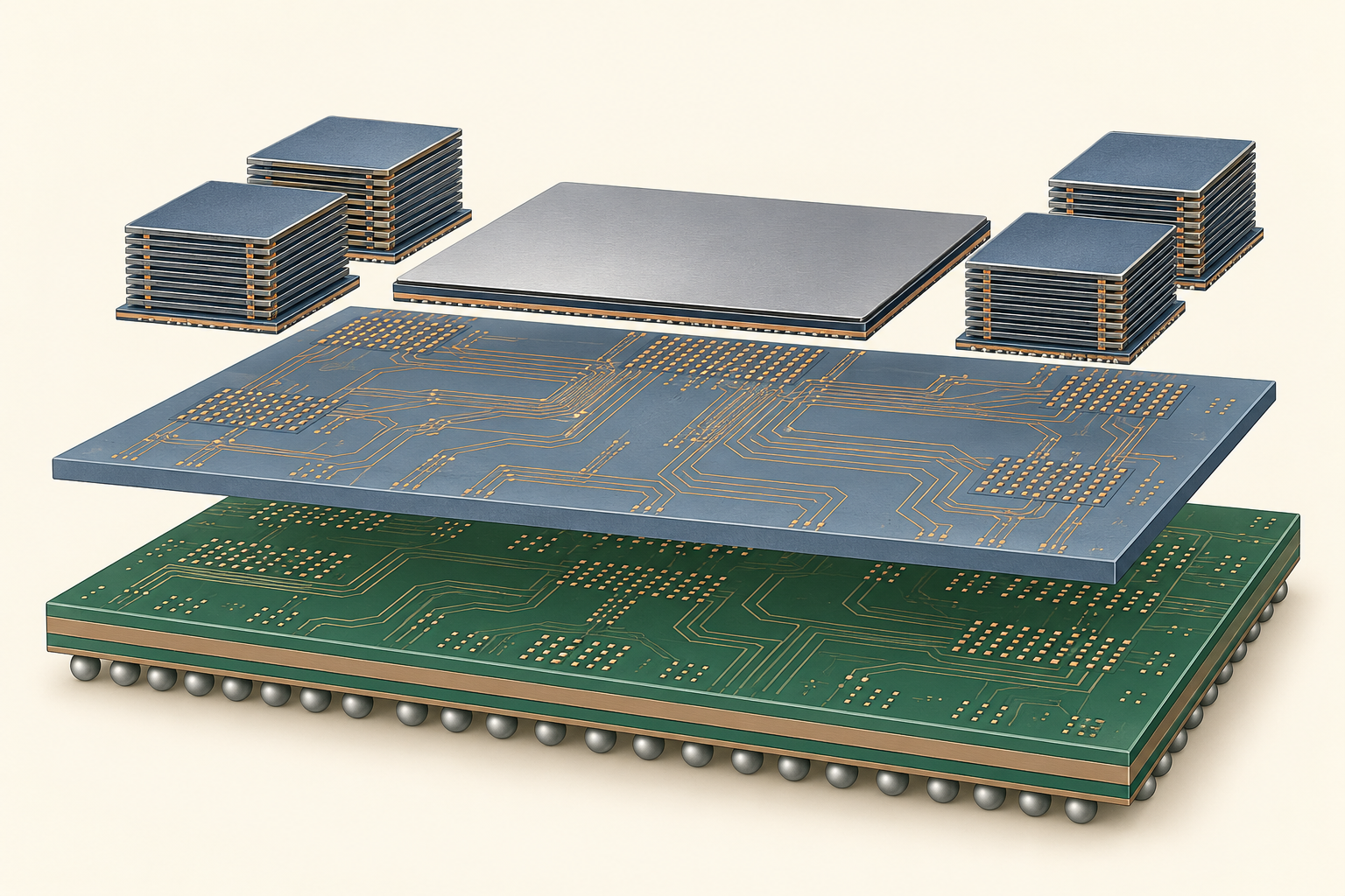 Simplified exploded view showing logic and high-bandwidth memory above a distinct silicon interposer and package substrate.