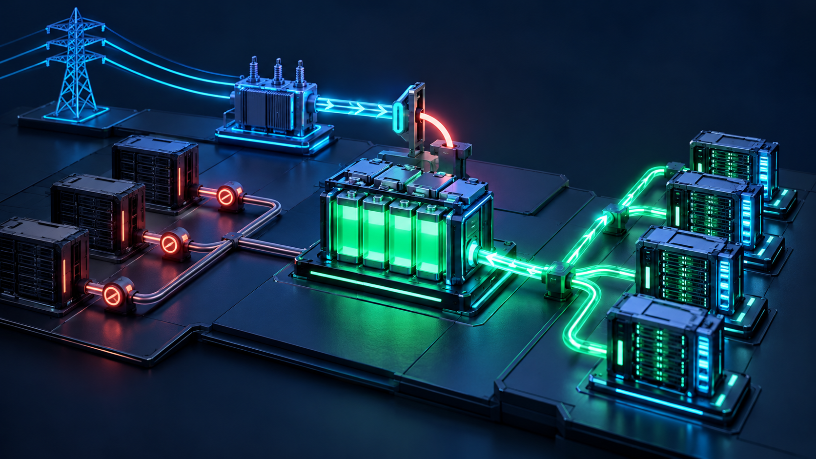 Concept illustration: Grid constraint response: some computing modules pause while a battery releases stored energy through a distinct path, precise visible curtailment mechanism.