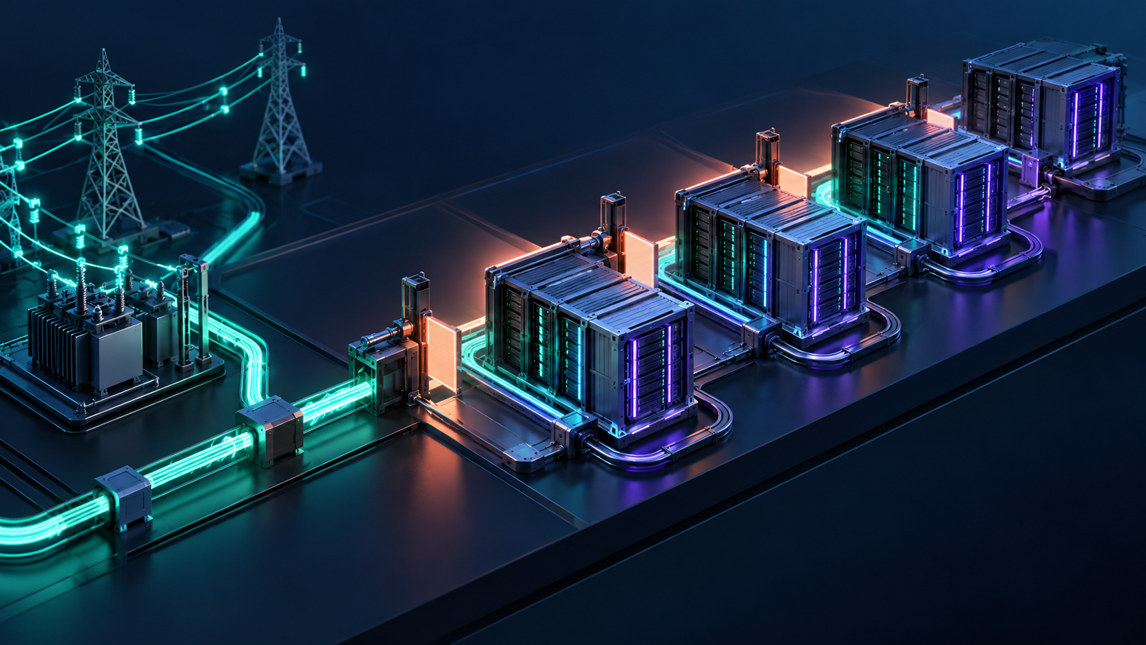 Concept illustration: A recovery buffer stages computing modules sequentially after curtailment instead of all reconnecting at once.
