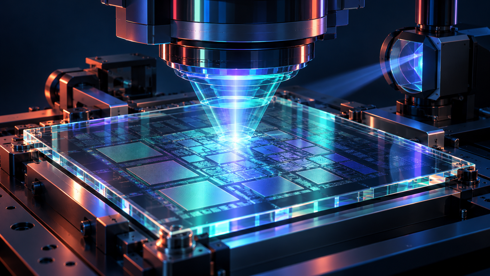 Concept illustration: Macro square photomask pattern inspection under precision conceptual optical system, visibly patterned square glass not wafer.