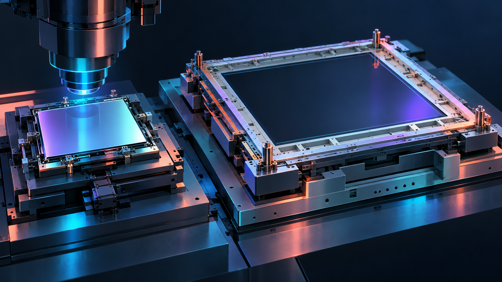 Concept illustration: Two distinct lithography preparation stages: existing smaller square mask operating station and larger square pilot frame still incomplete.