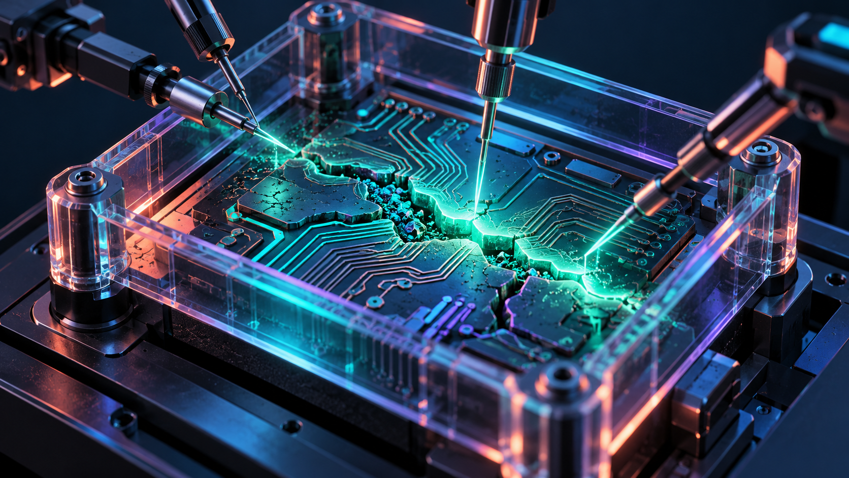 Concept illustration: Macro abstract defensive software patch represented by repairing a fractured circuit inside a transparent bounded test fixture, precise diagnostic probes, no humans or soldiers.