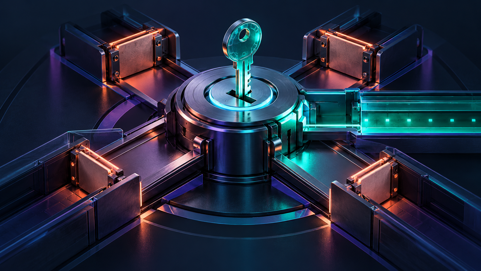 Concept illustration: A closed access-control mechanism with a small authorized key fitting one port while other outward paths remain physically closed.